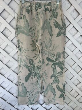 Marisima Beige 100% Linen Blend Tropical Print Pants Made in Italy One Size